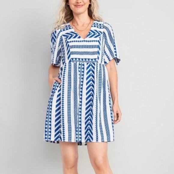 Old Navy V-Neck Swing Dress Womens Size 3X Blue White Jacquard Aztec Boho Mini - Picture 3 of 8